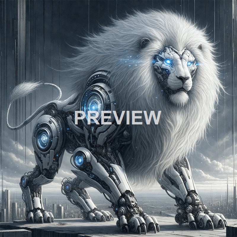A robotic lion with a mechanical body and glowing blue eyes stands on a cityscape with a cloudy sky in the background.